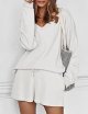 Women's Pajama Set V Neck Off Shoulder Pajamas Long Sleeve Top and Shorts 2 piece set