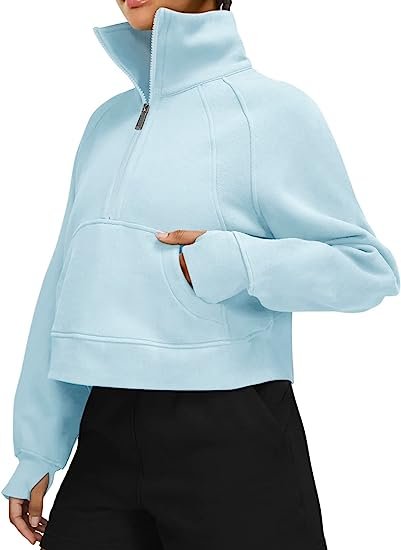 Womens Sweatshirts Fleece Lined 1/2 Zipper Collar Pullover Sweatshirts Long Sleeve Crop Tops