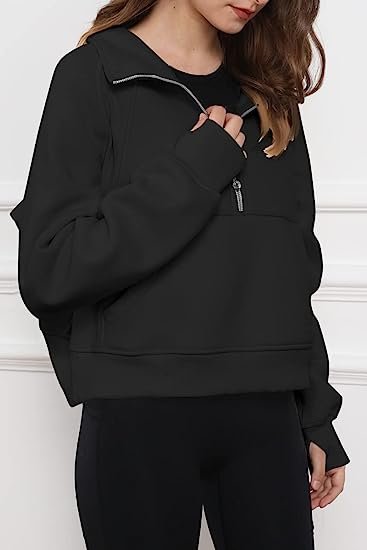 Womens Half Zip Cropped Pullover Sweatshirts Fleece Quarter Zipper Hoodies