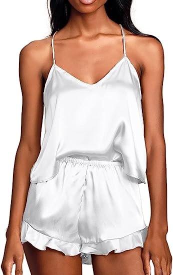 Women's Sexy Silk Satin Ruffled Pajamas Sets Cami Shorts Sets