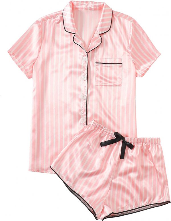 Women's Satin Sleepwear Short Sleeve Button Shirt and Shorts Pajama