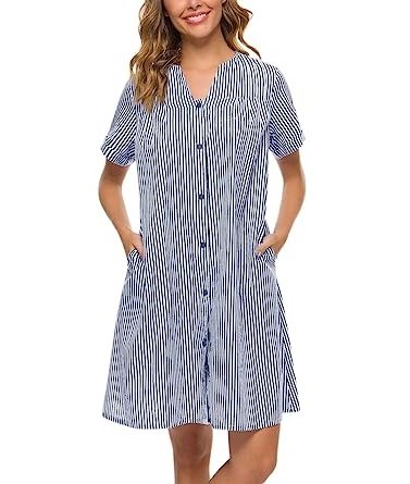 Women Cotton Duster Robe Short Sleeve Housecoat Button Down Nightgown